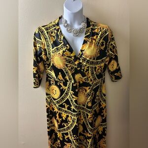 Black and Gold Patterned Wrap Dress